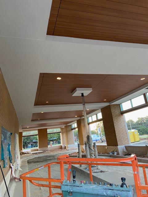 Wood ceiling restaurant lighting build-out