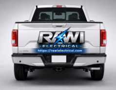 RAWI Electrical service truck — rear branding with website